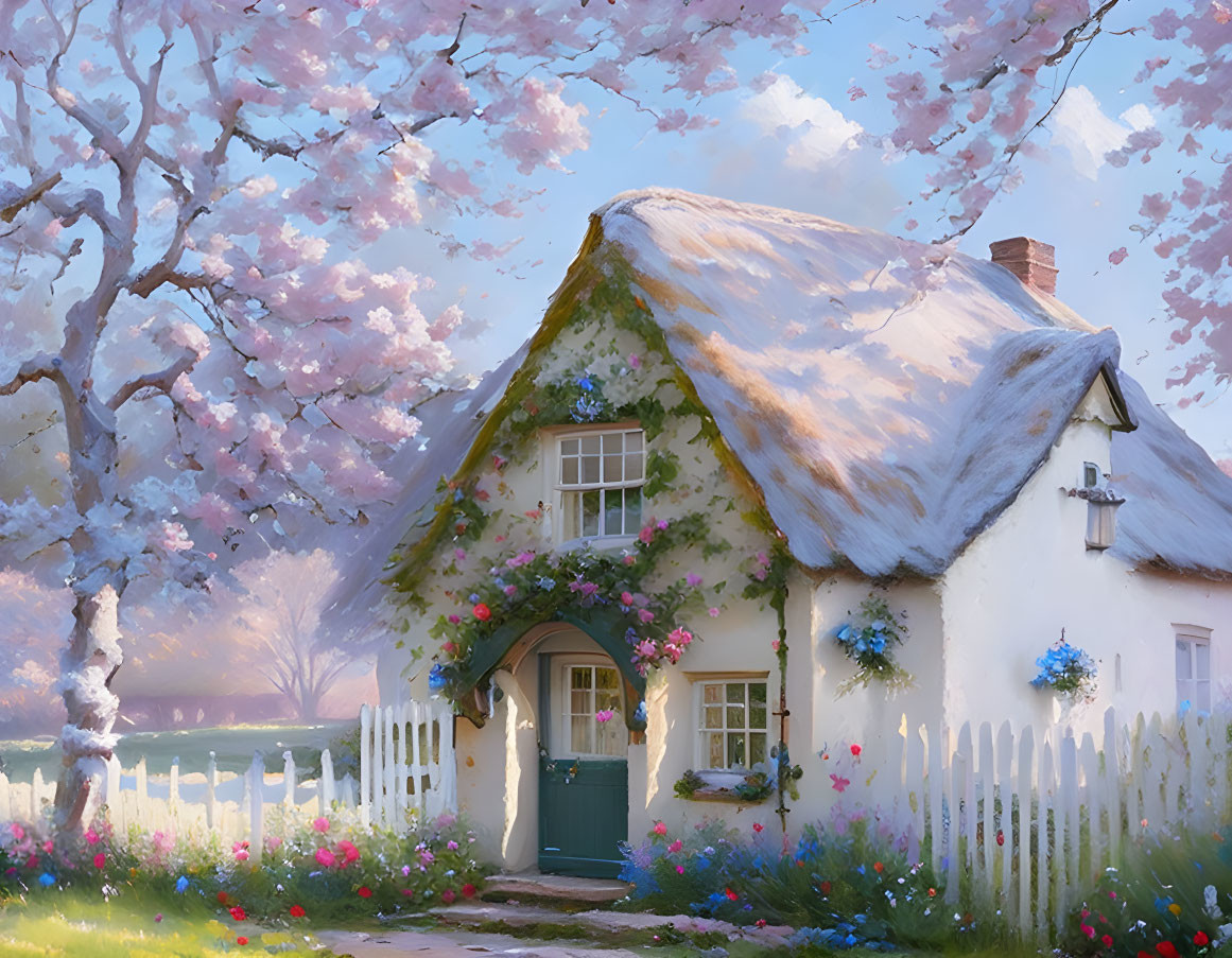 Thatched Roof Cottage Surrounded by Blooming Trees