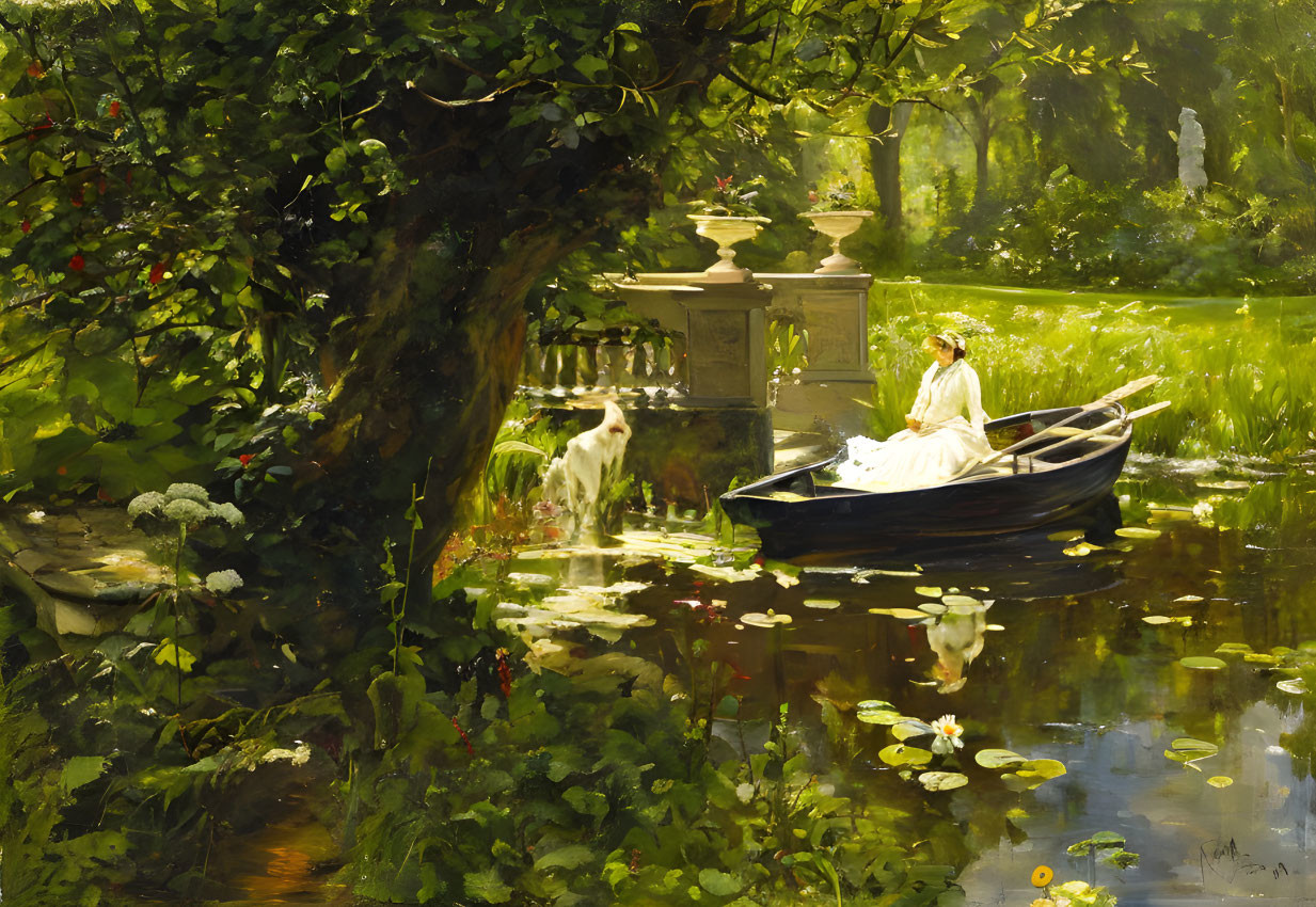Tranquil painting of a woman in rowboat surrounded by lush greenery