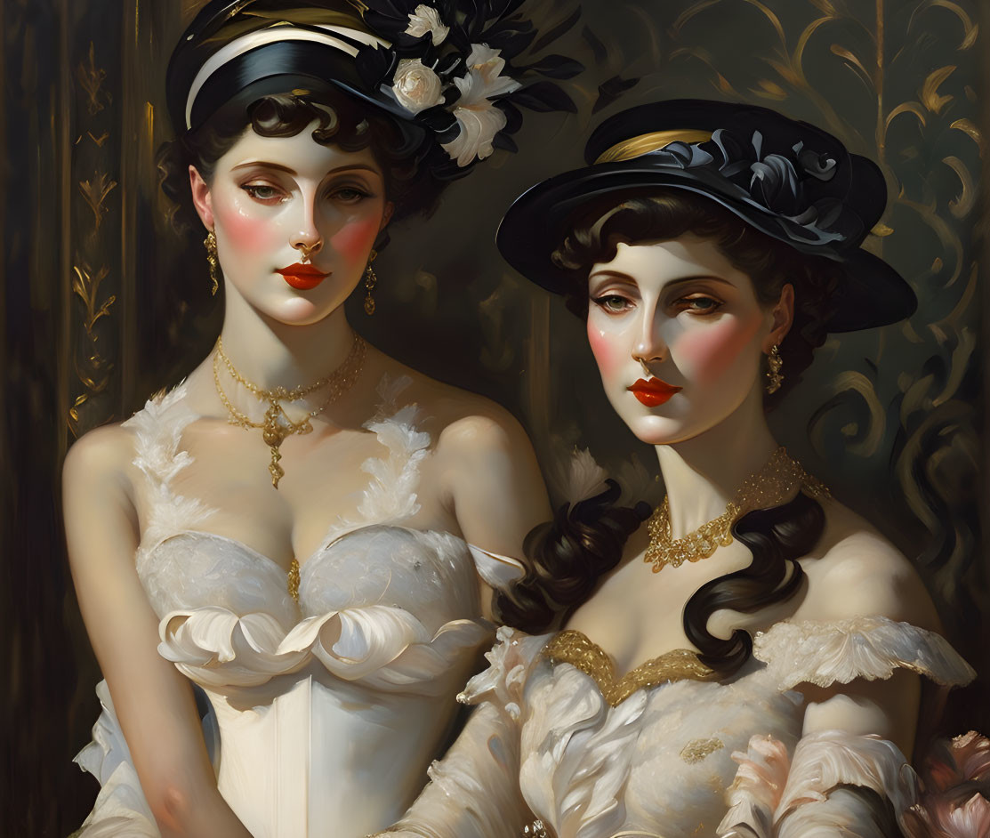 Vintage Style Artwork Featuring Two Elegant Women in Sophisticated Hats