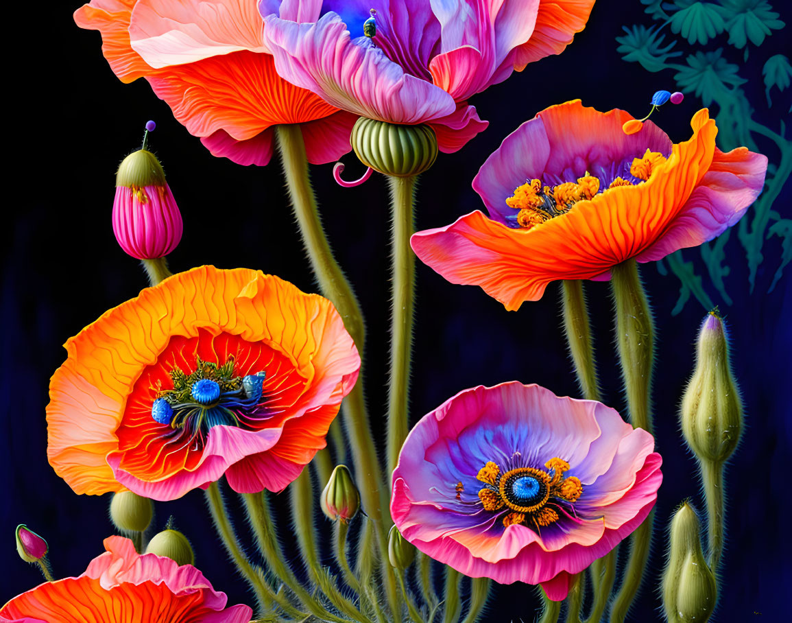 Detailed illustration of colorful poppies on dark backdrop