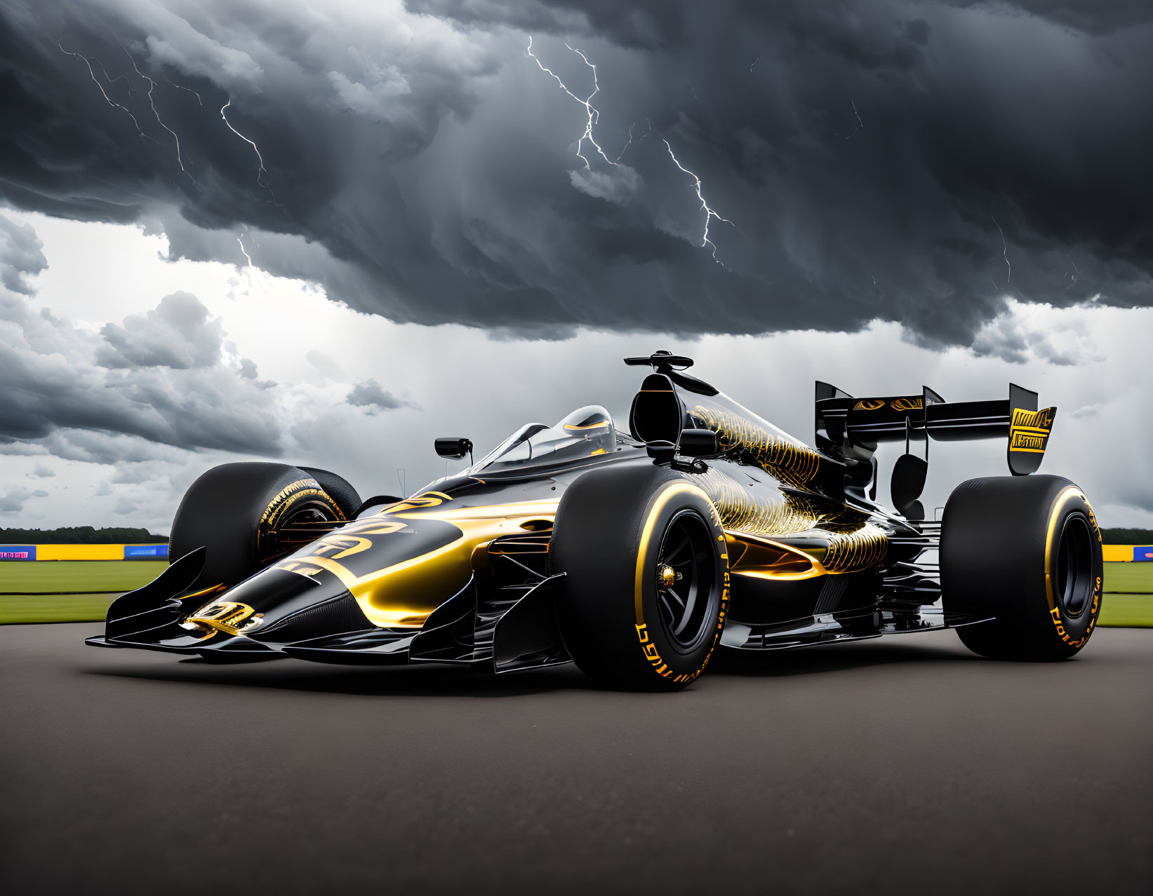 Black and Gold Formula 1 Car on Stormy Racetrack