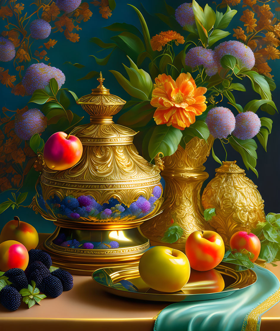 Luxurious Still Life Featuring Golden Vessels, Peaches, Blackberries, and Orange Flower on