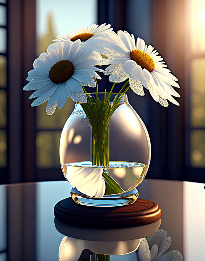 Clear glass vase with white daisies on wooden stand at sunset