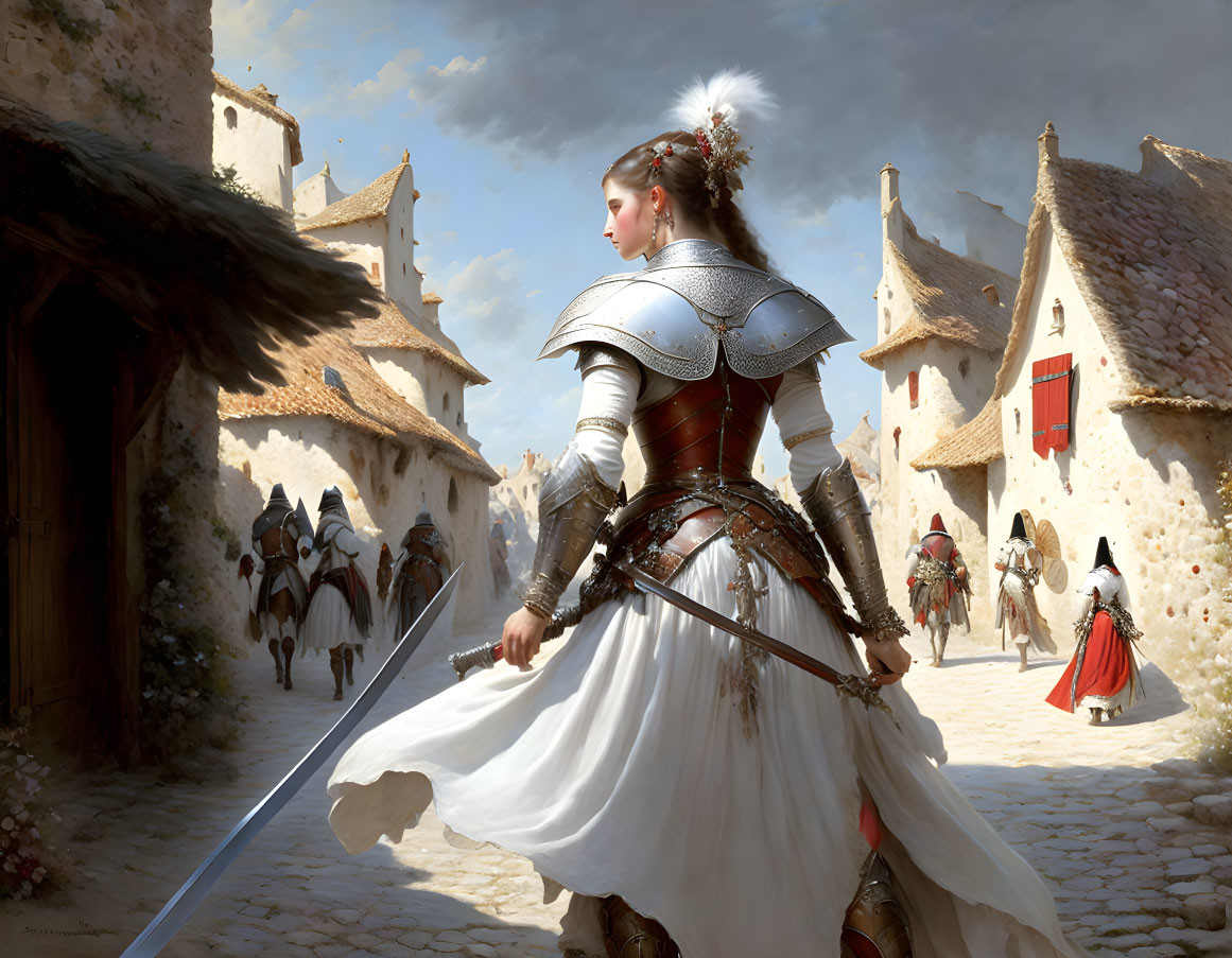 Medieval woman in ornate armor with sword in cobblestone village.