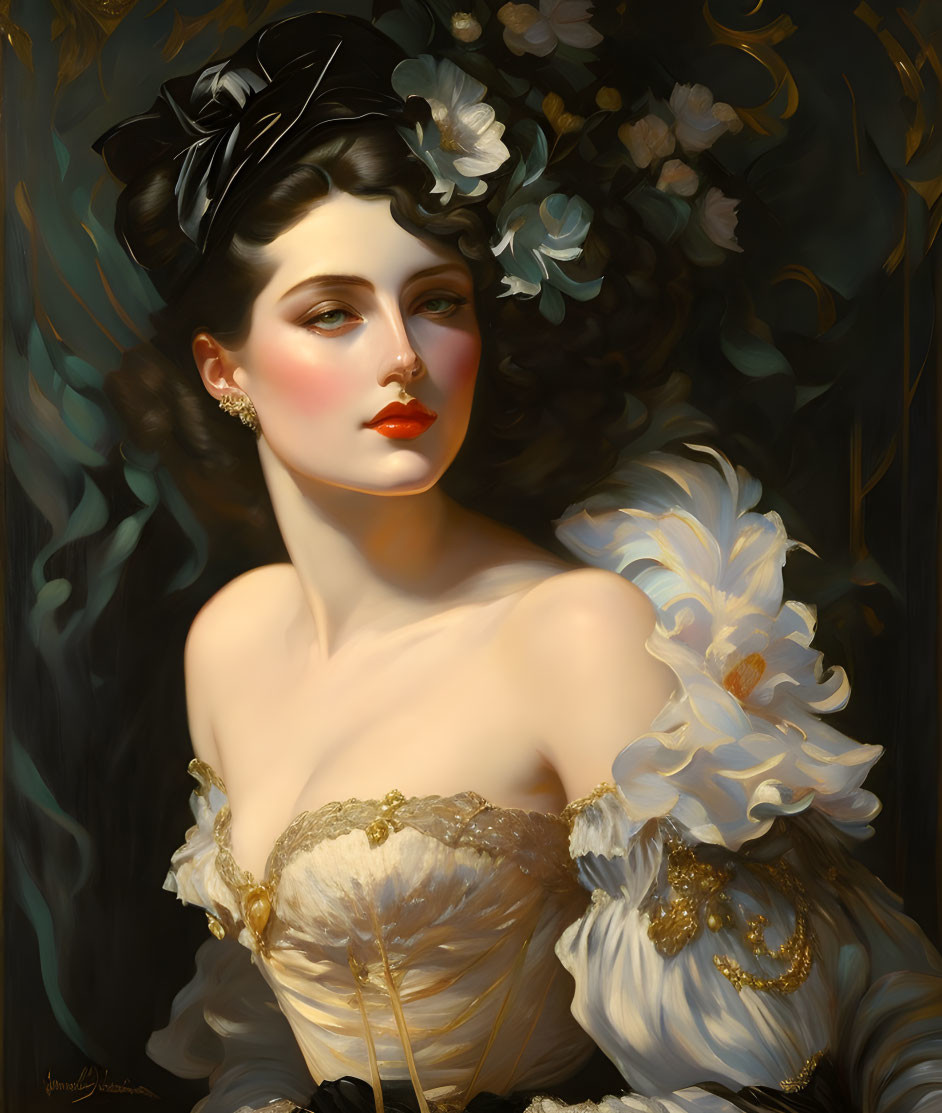 Classic portrait of woman in off-shoulder dress with feathers and flowers on dark background