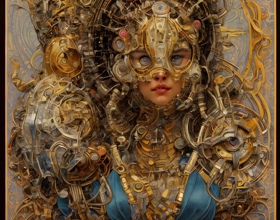 Steampunk-style artwork: Girl with blue eyes and golden mechanical gears