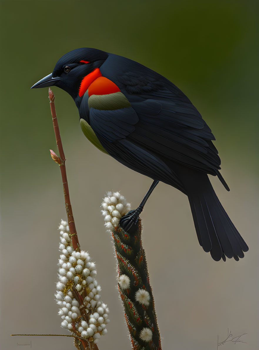 Colorful bird with red throat and blue markings on branch with white flowers
