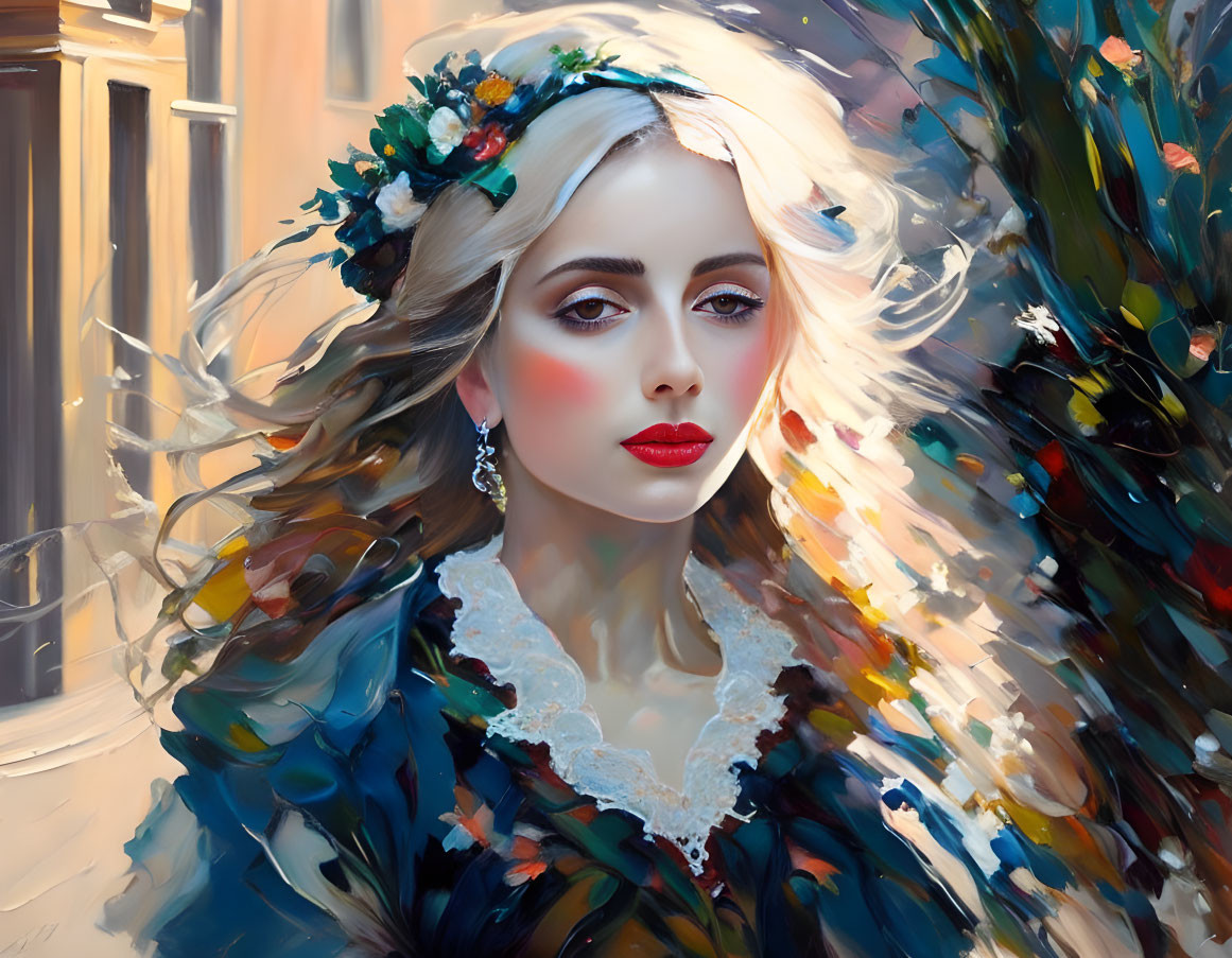 Digital art portrait of woman in floral headpiece and intricate blue dress.
