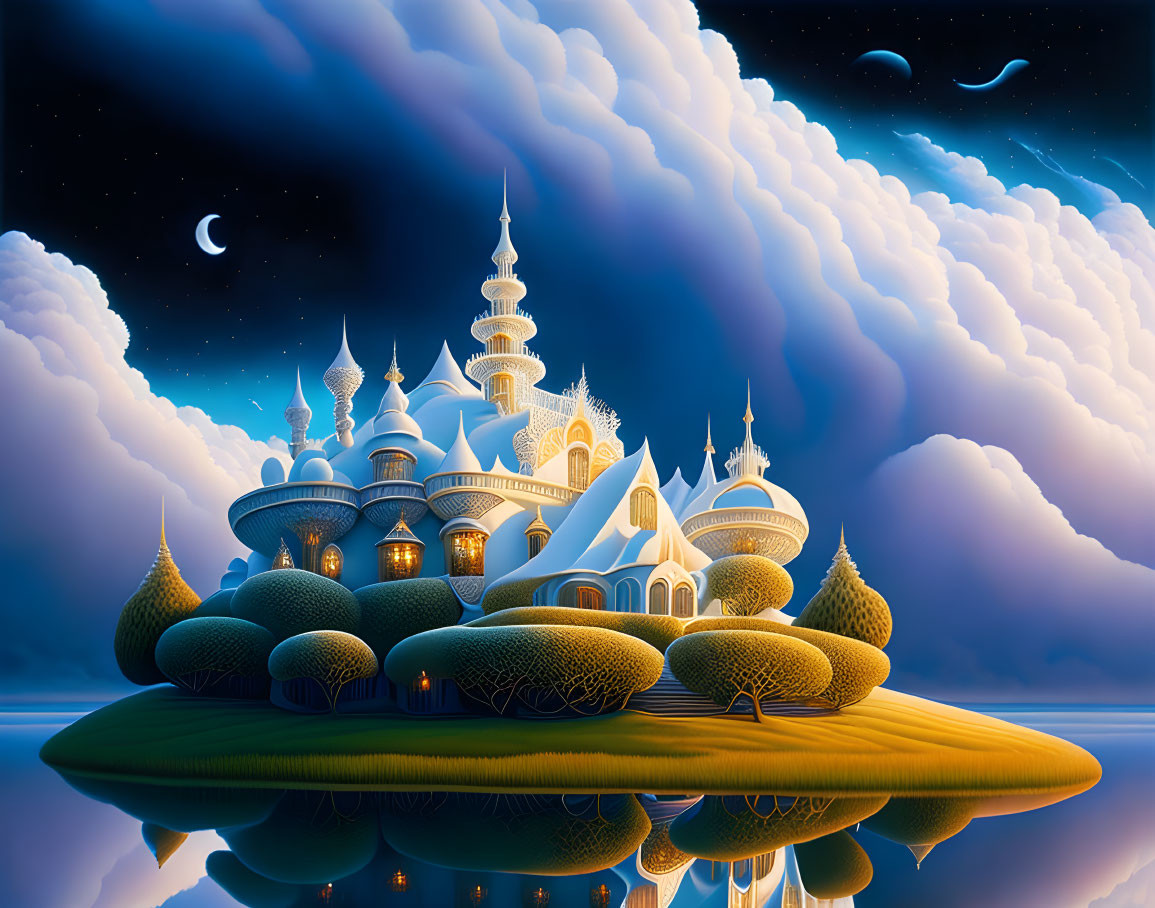Fantastical castle on floating island under night sky