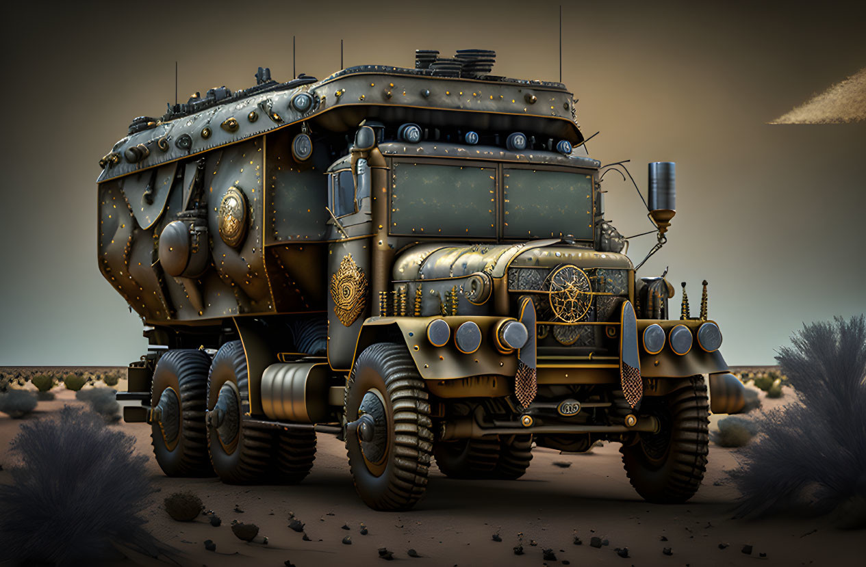 Elaborate Steampunk-Style Vehicle in Desert Landscape