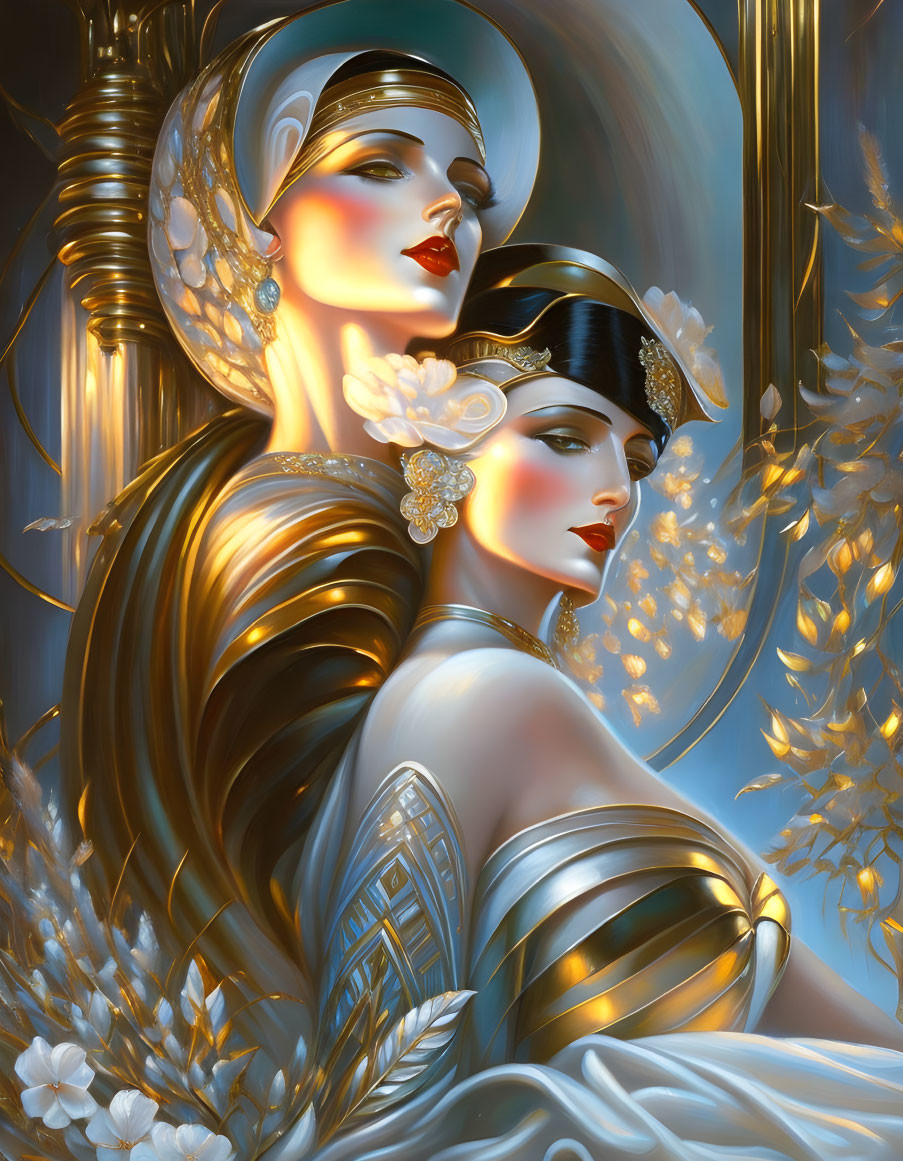 Art Deco Style Illustration of Two Women with Golden Headpieces