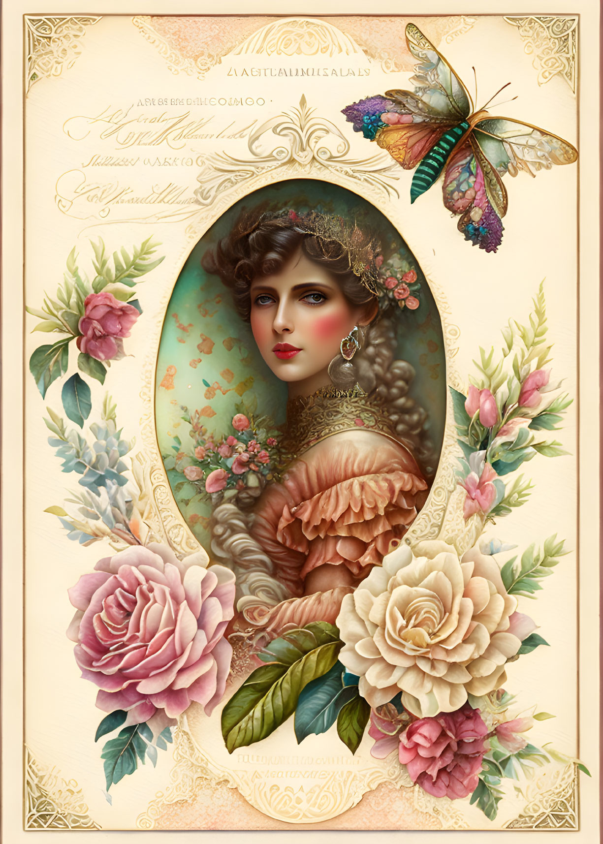 Vintage-style illustration of woman in ornate dress and hat with floral motifs and butterfly on aged parchment.