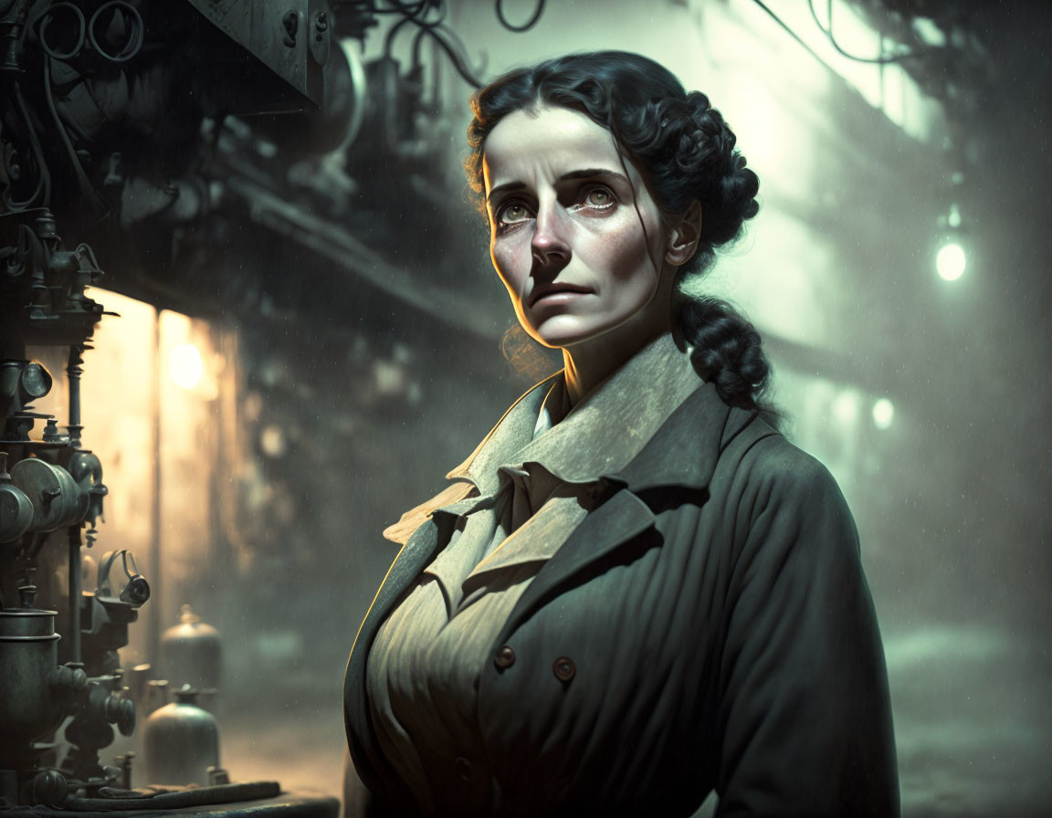 Digital artwork: Dark-haired woman in braids, vintage coat, amidst dimly lit industrial machinery