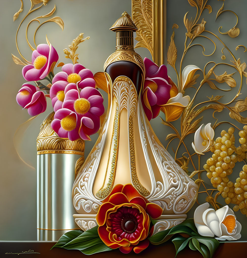 Opulent still life featuring golden perfume bottle, pink flowers, wheat, grapes on moody backdrop