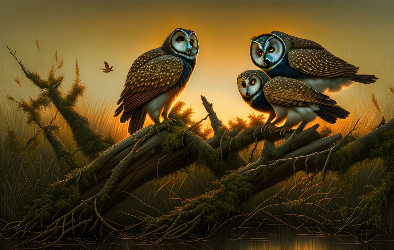 Three Owls Perched on Branch at Sunset with Warm Hues
