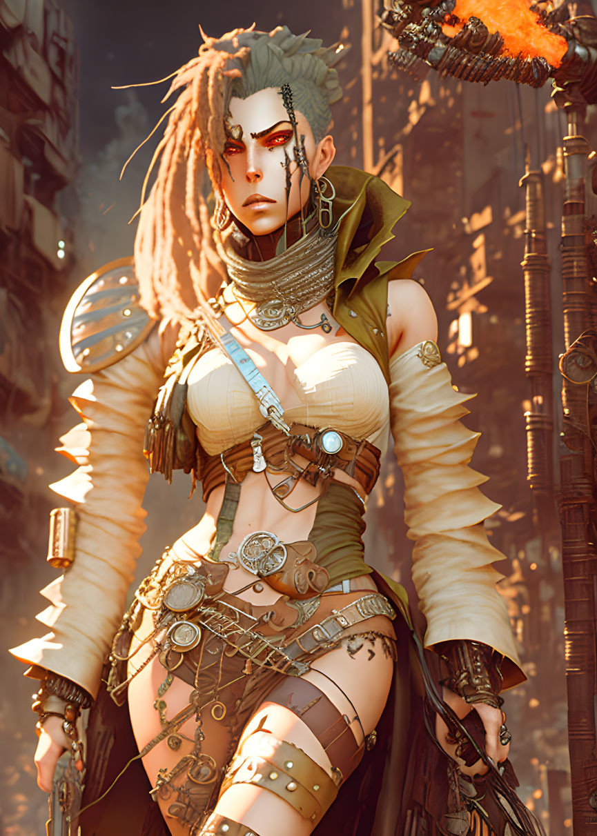 Character with dreadlocks, piercings, tribal makeup, and futuristic tribal attire.