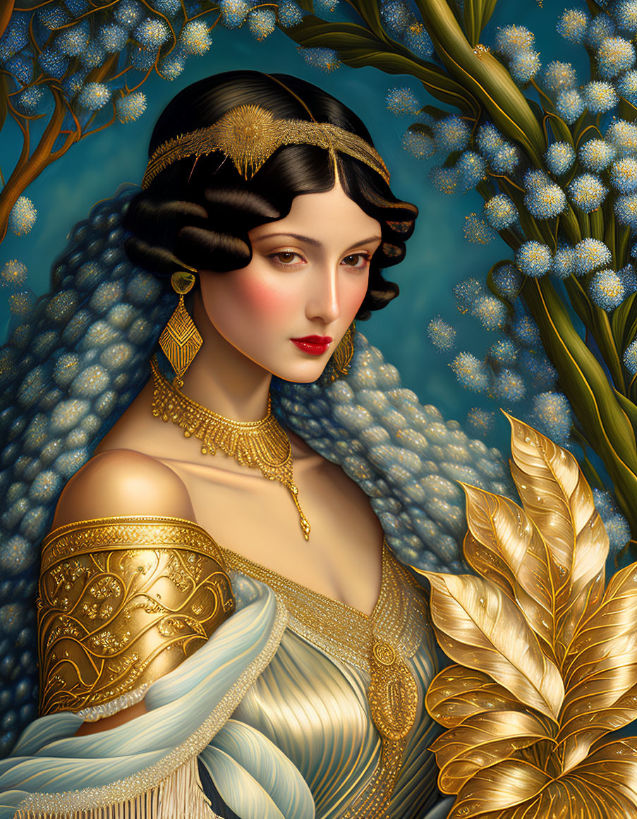 Illustration of Woman with Black Hair, Gold Adornments, Blue Garment, Gold Jewelry,