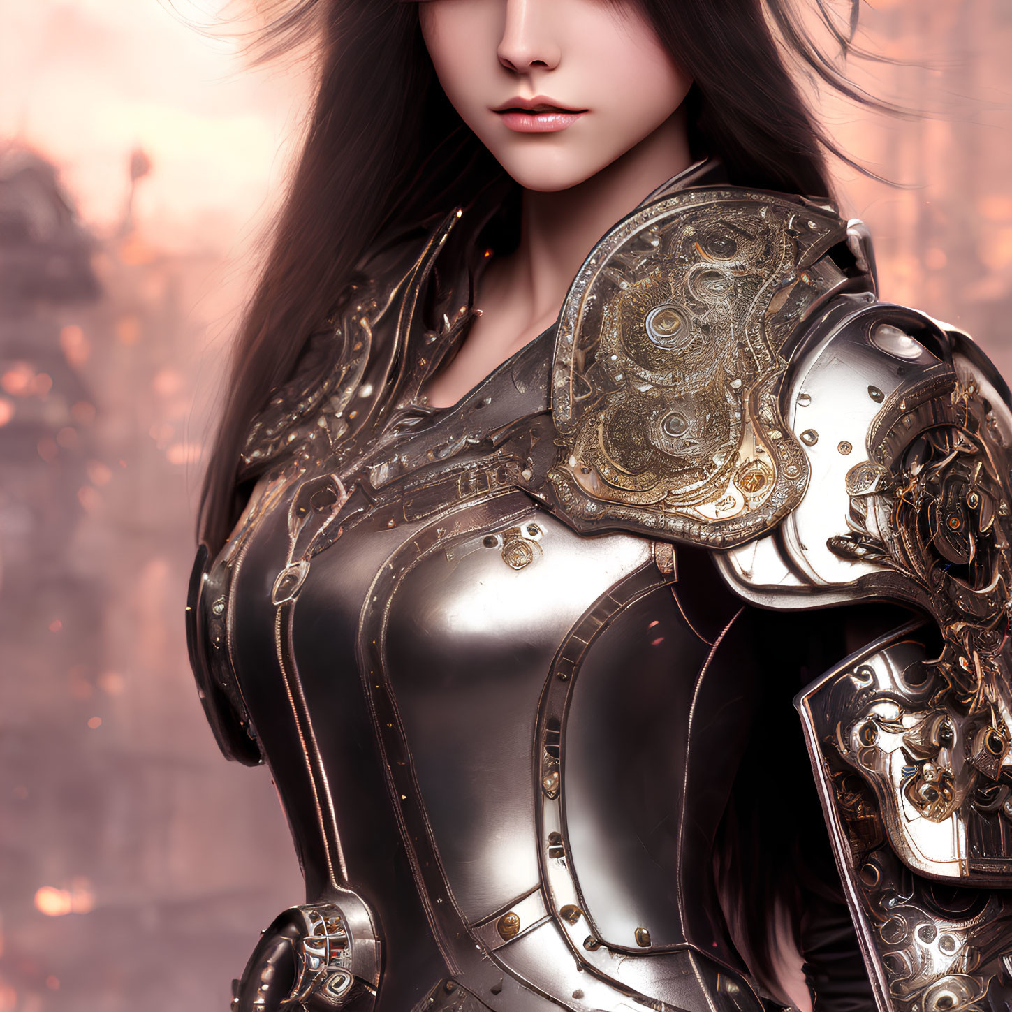 Female warrior with long dark hair in ornate metallic armor against blurred background