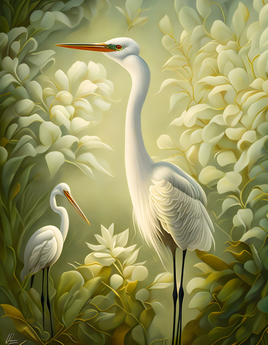 Two elegant herons in lush green foliage with soft light.