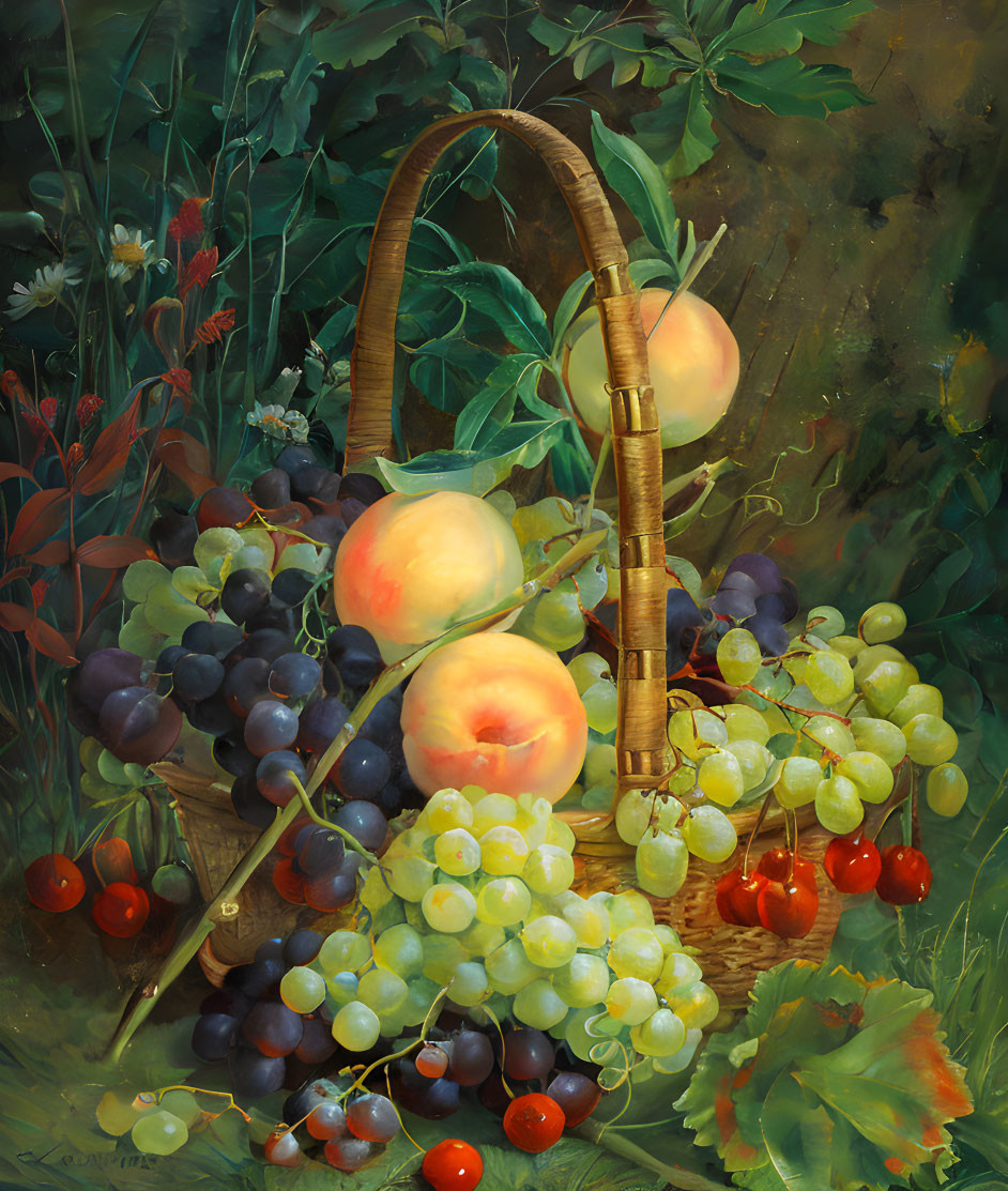 Classic Still-Life Painting with Fruits and Wicker Basket