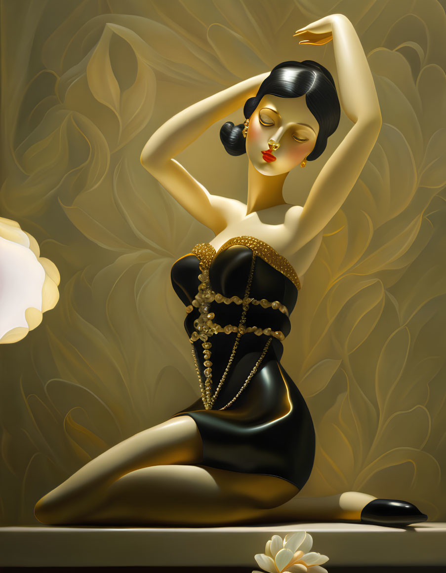 Art Deco-inspired female figure in black and gold outfit dancing against floral backdrop
