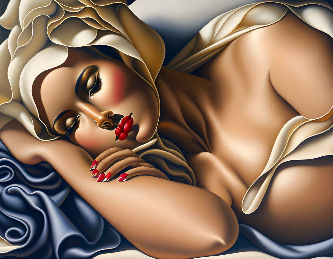 Stylized illustration of a voluptuous woman lying down in soft fabric