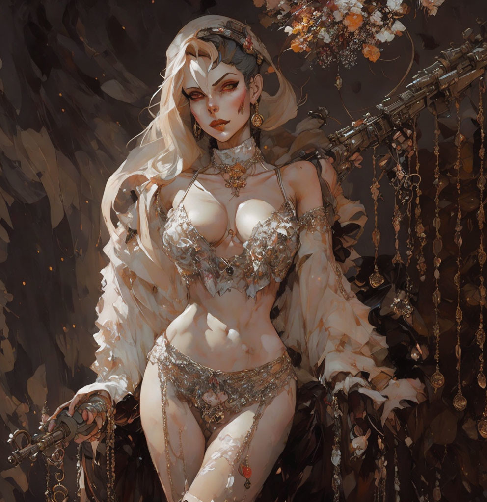 Fantasy warrior woman in ornate armor with large sword among flowers and chains