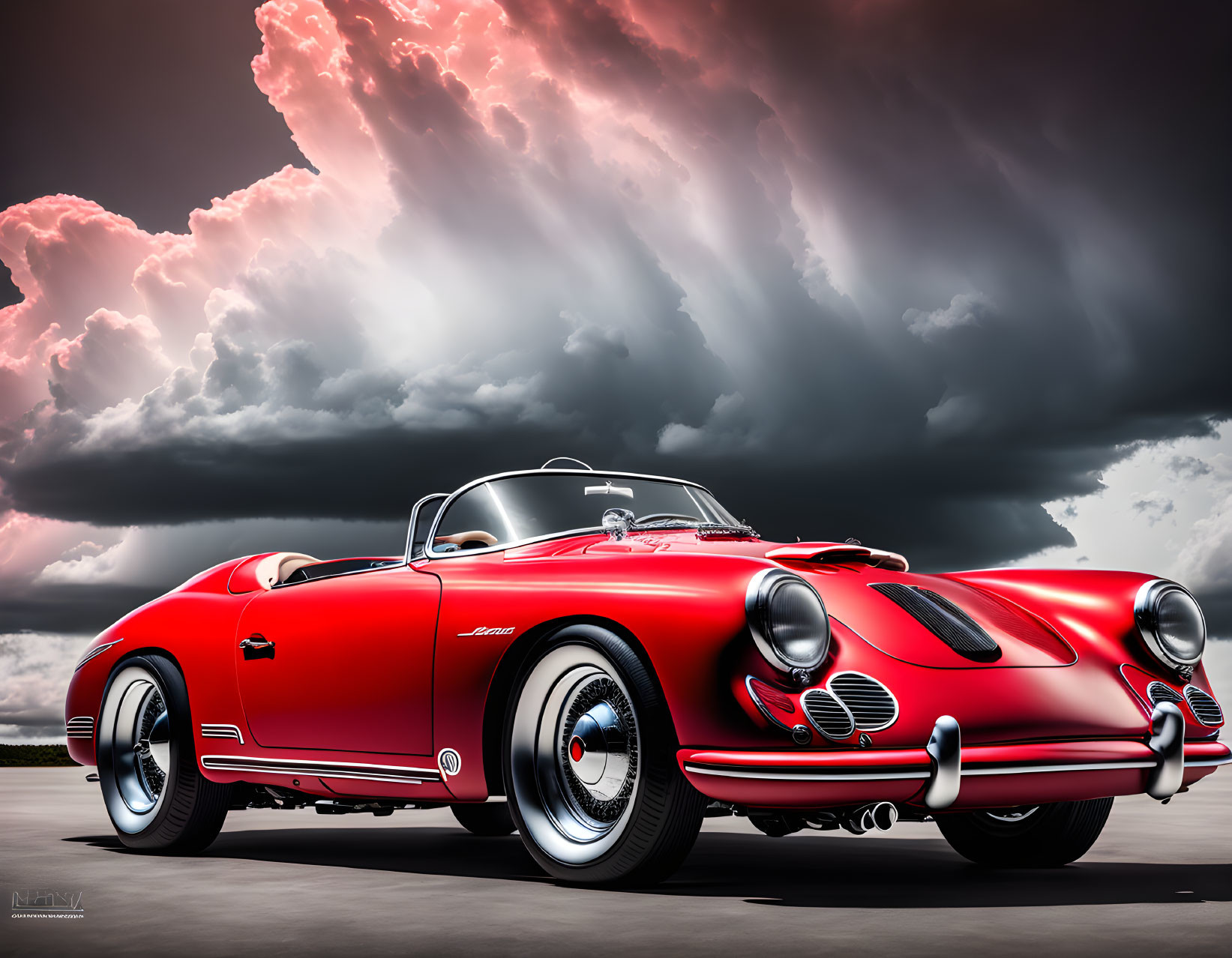 Vintage Red Porsche 356 Speedster Convertible in Dramatic Sky