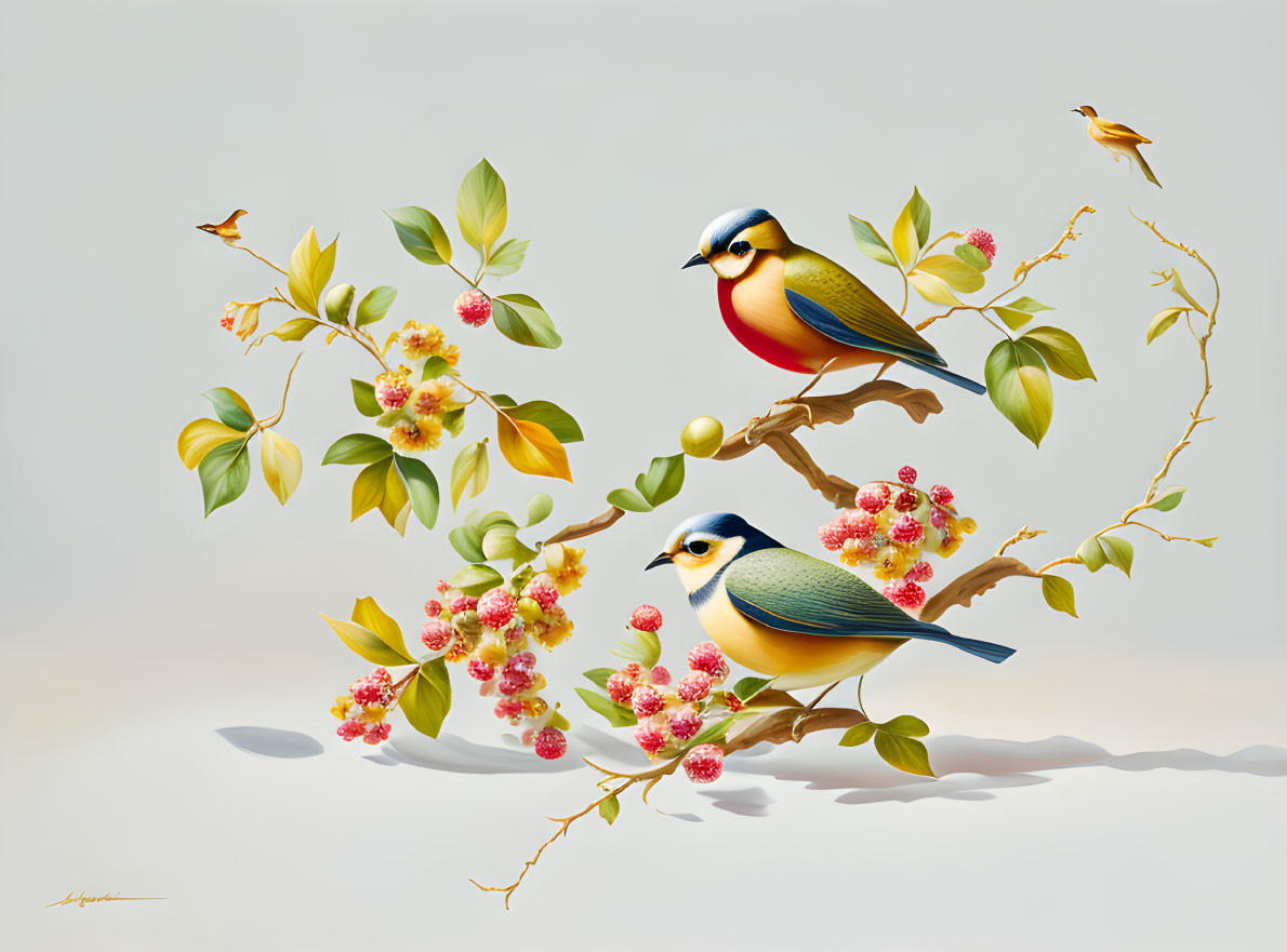 Colorful Birds on Branches with Pink Blossoms and Green Leaves