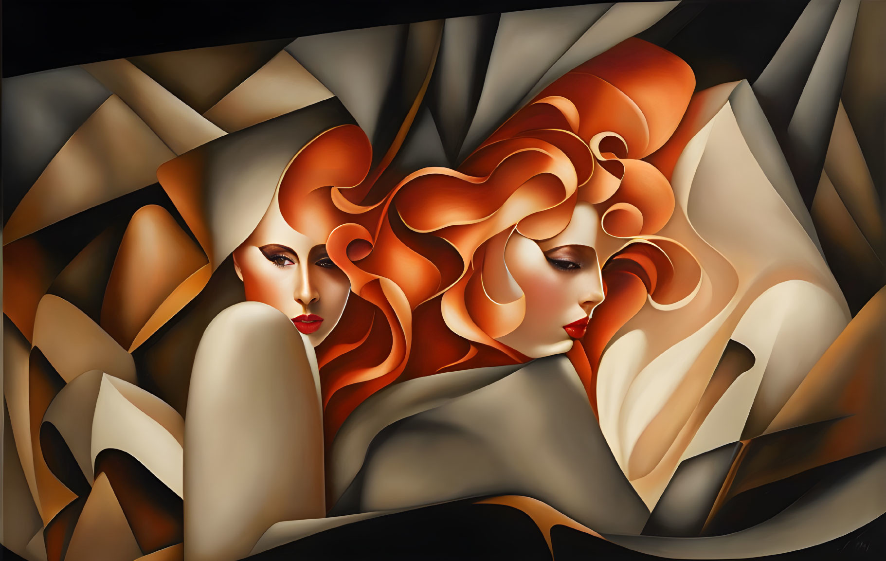 Abstract Art: Stylized Faces with Red Hair & Geometric Shapes in Warm Palette