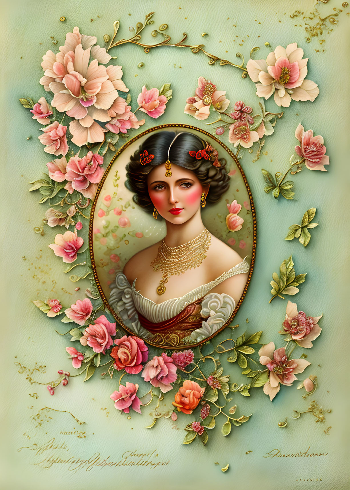 Elegant vintage portrait of a woman in ornate floral frame