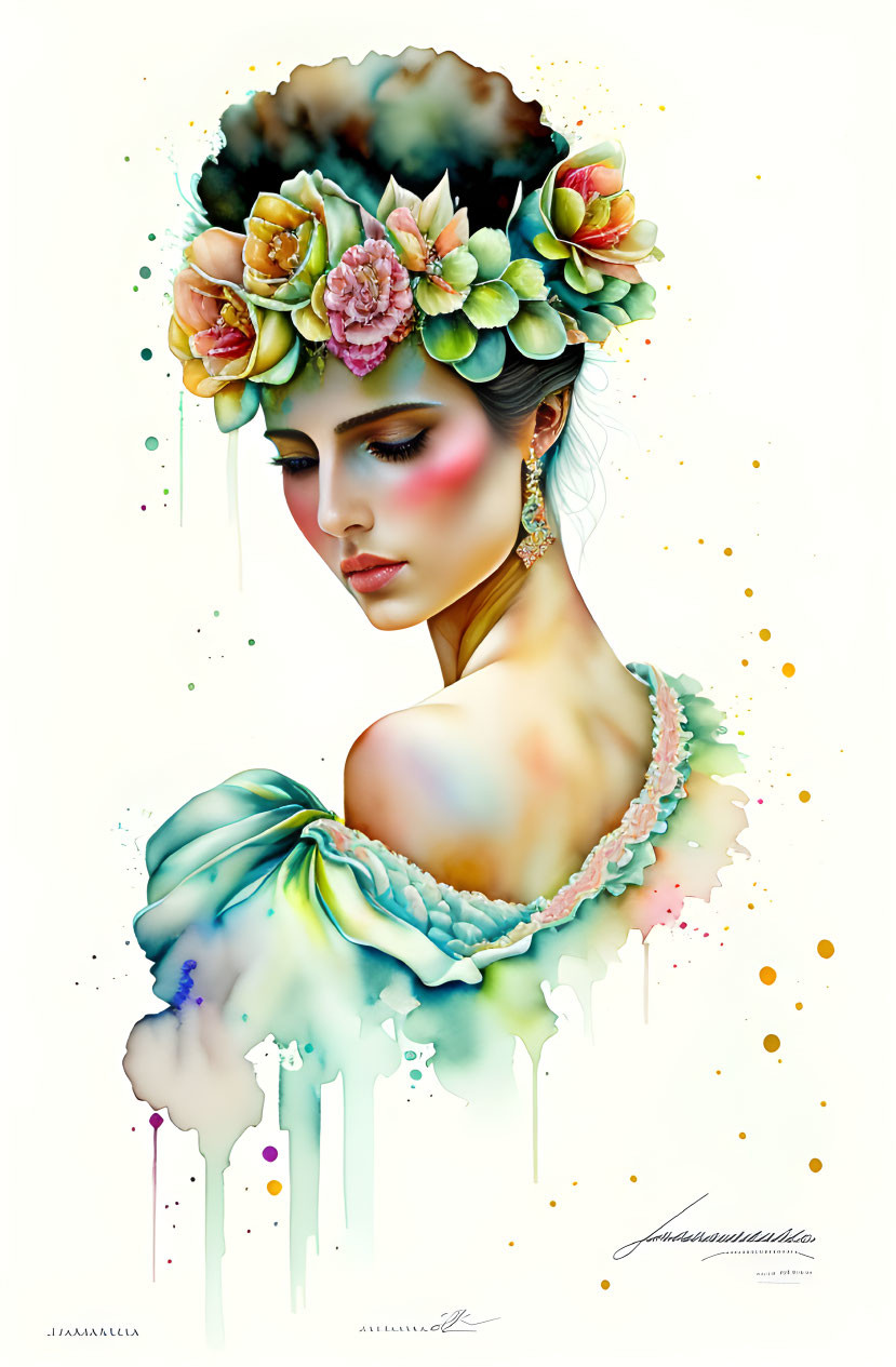 Colorful Stylized Portrait of Woman with Floral Headdress on White Background