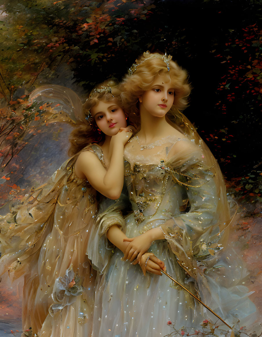 Ethereal women with delicate wings in elaborate gowns amid autumnal backdrop