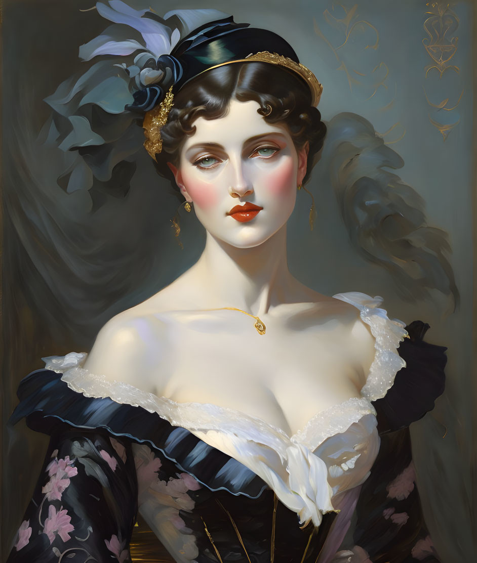 Portrait of Woman with Raven Hair and Blue Bow in Black Dress
