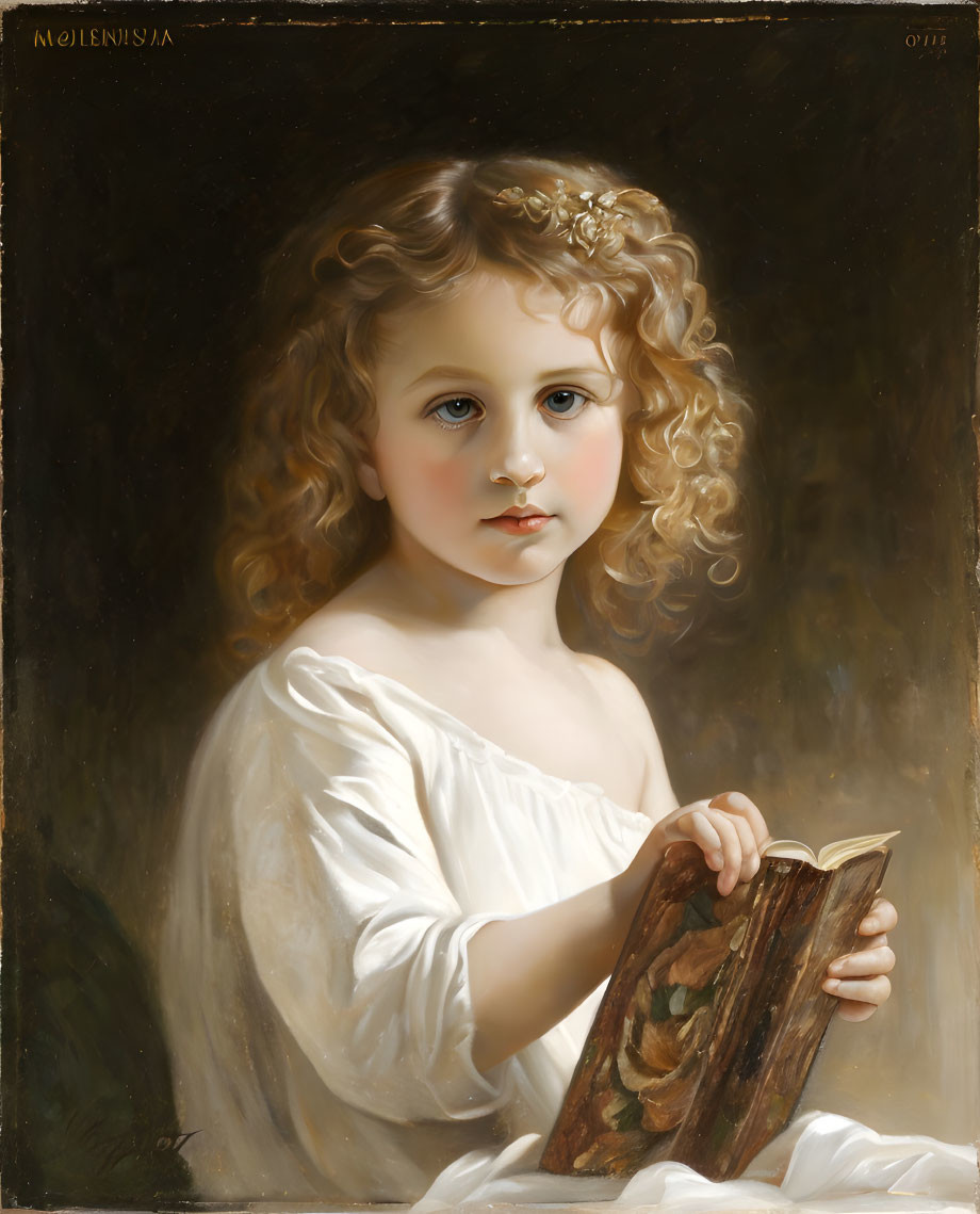 Young child portrait with curly blond hair holding open book in white dress