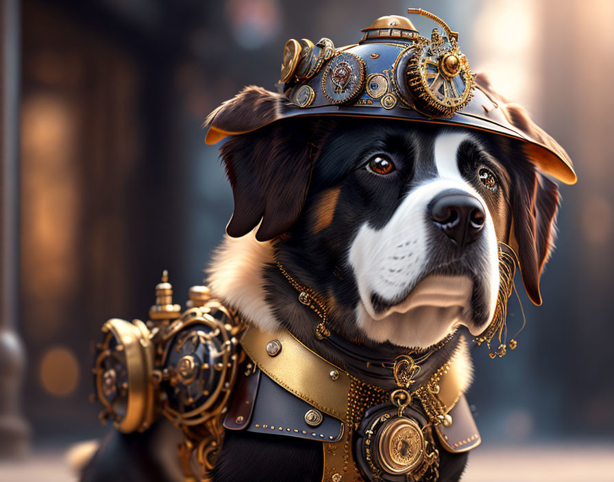 Steampunk-style Bernese Mountain Dog in brass gear attire
