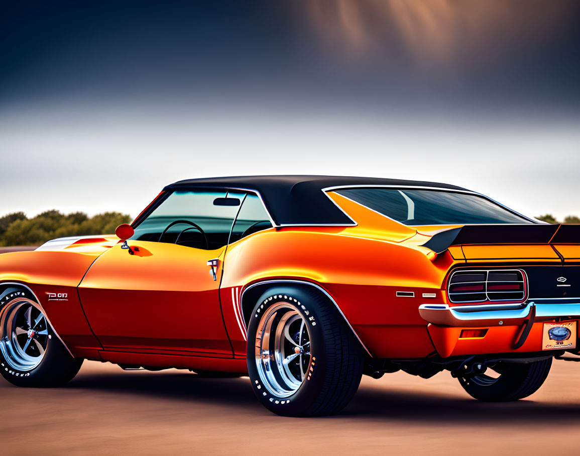 Vintage Orange Muscle Car with Black Stripes and Chrome Wheels on Blurred Background