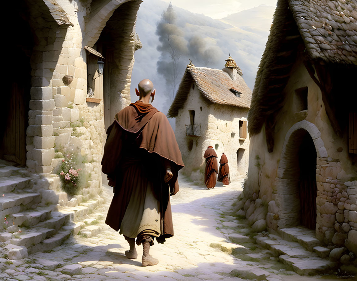 Monk strolls through sunlit medieval village with stone houses