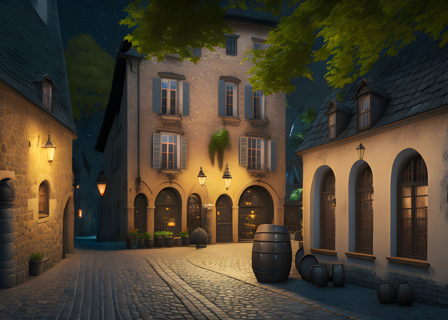Traditional European cobblestone street at night with warm street lamps and quaint buildings.