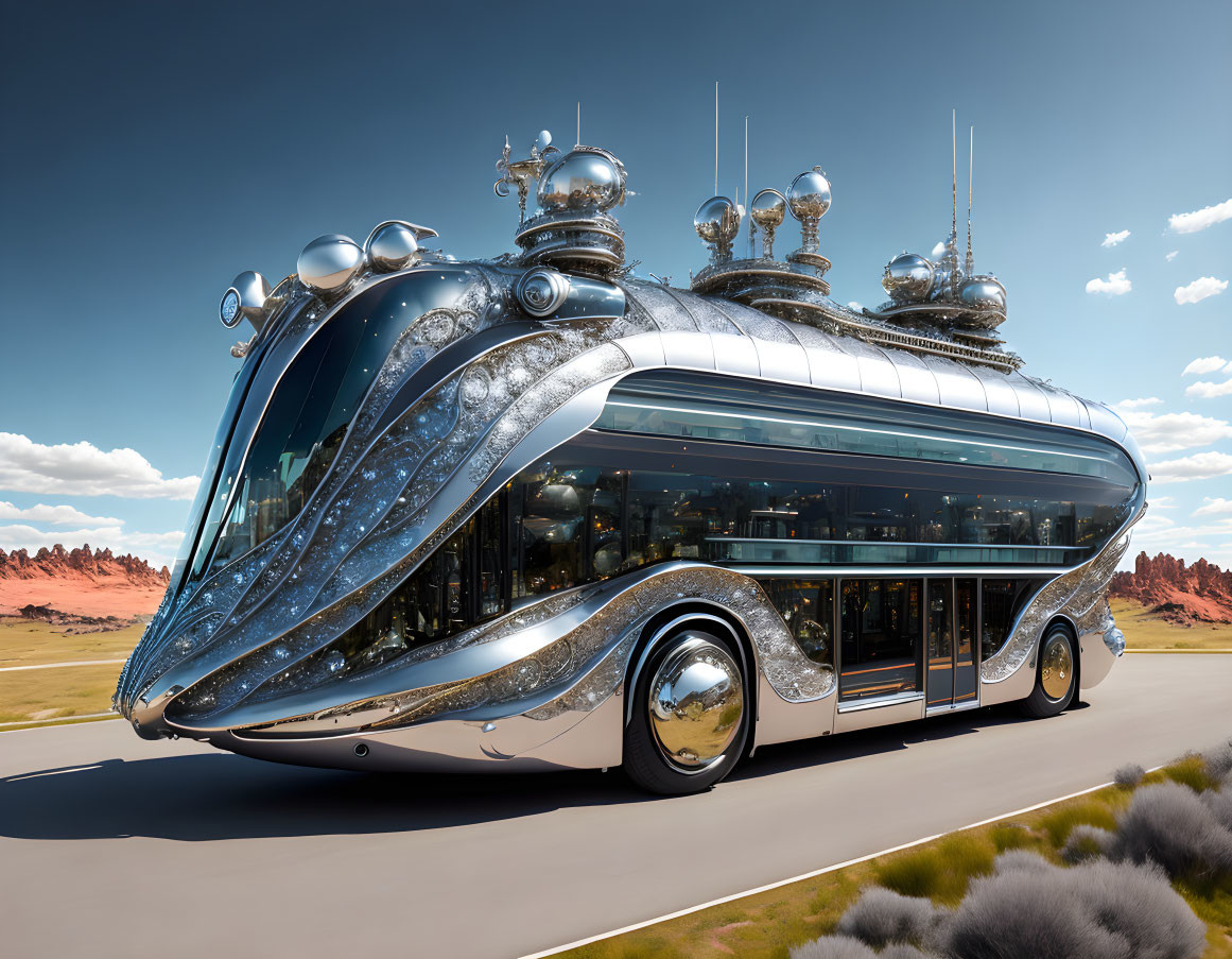 Sleek silver futuristic bus with chrome details under blue sky