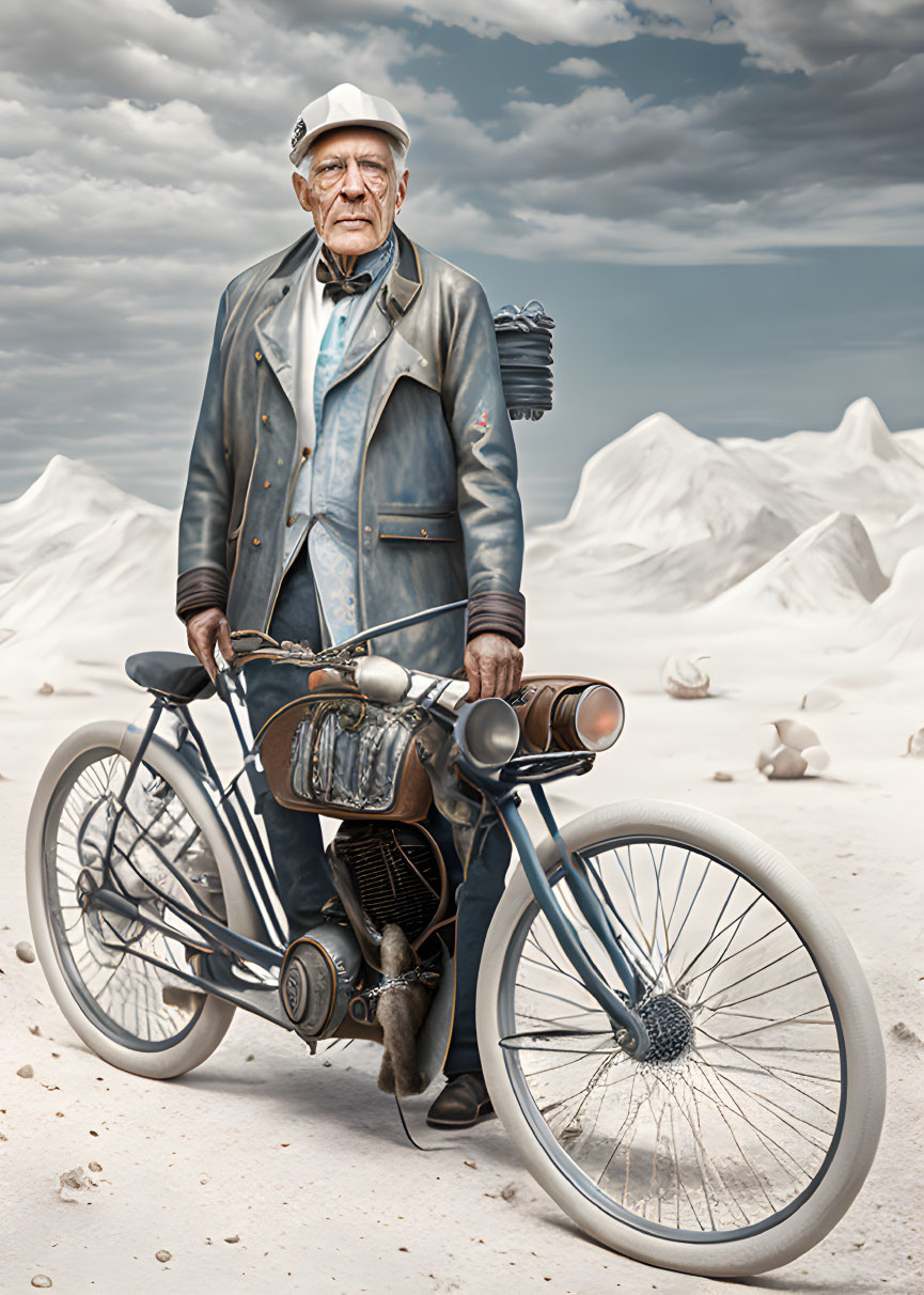 Elderly Man in Vintage Attire with Old-Fashioned Motorcycle in Surreal Landscape