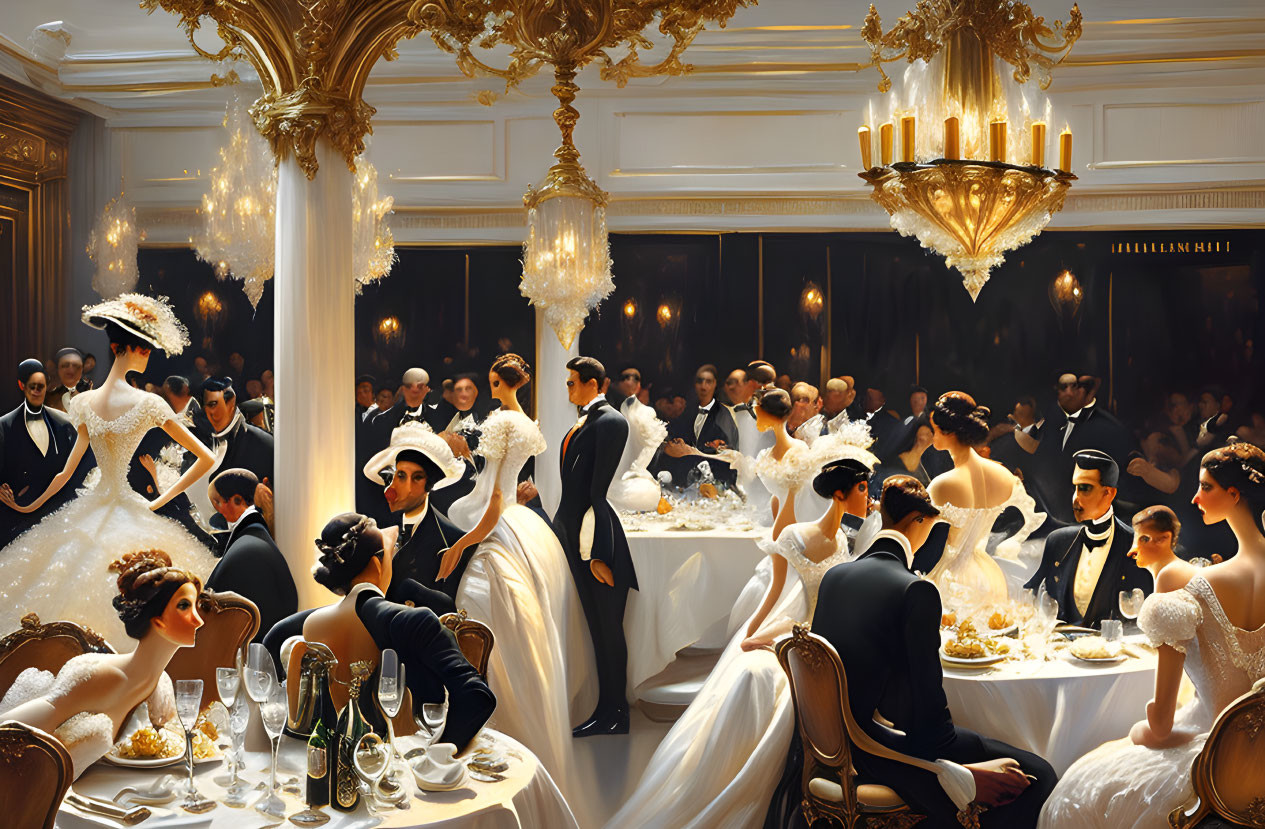 Opulent banquet scene with formal attire, chandeliers, columns, and champagne tables