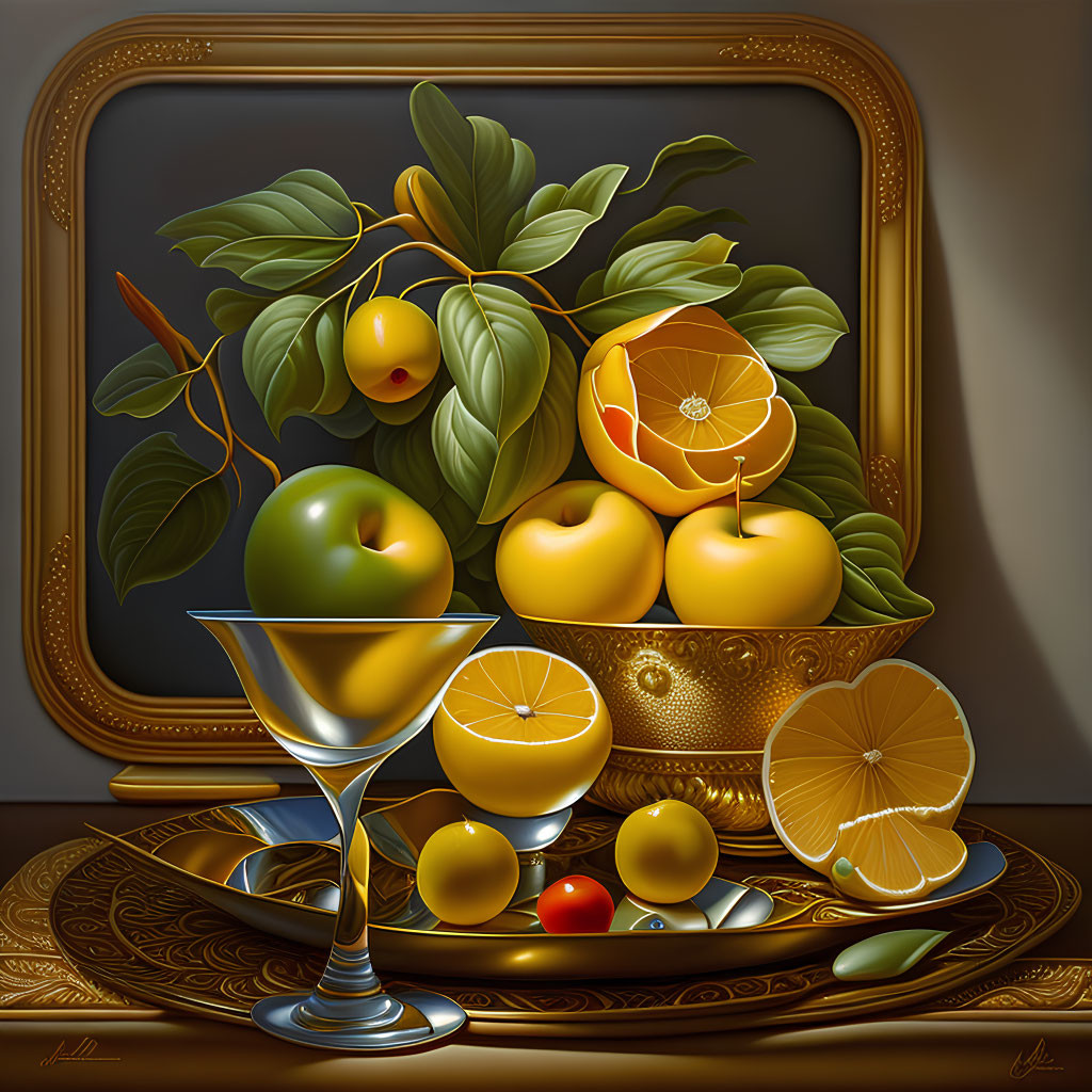 Classic still life with citrus fruits, martini glass, and silver tray