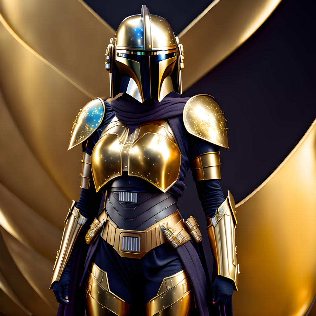 Person in Golden and Blue Mandalorian Armor with Helmet and Draped Fabric