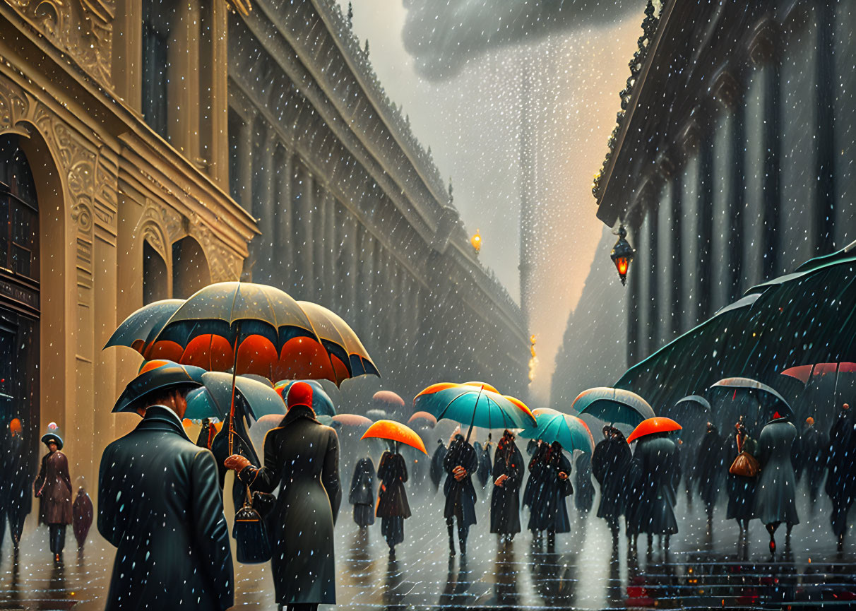 Rainy city street scene with people holding umbrellas in sunlight and raindrops.