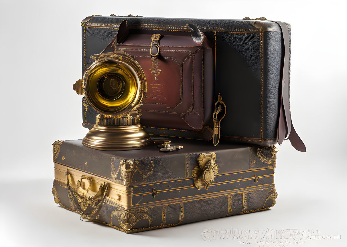Vintage Brass-Lens Camera with Matching Ornate Suitcase