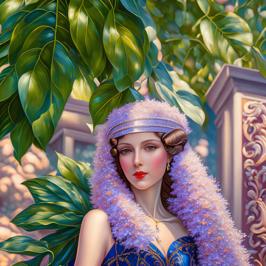 Illustrated woman in 1920s flapper-style attire among lush greenery