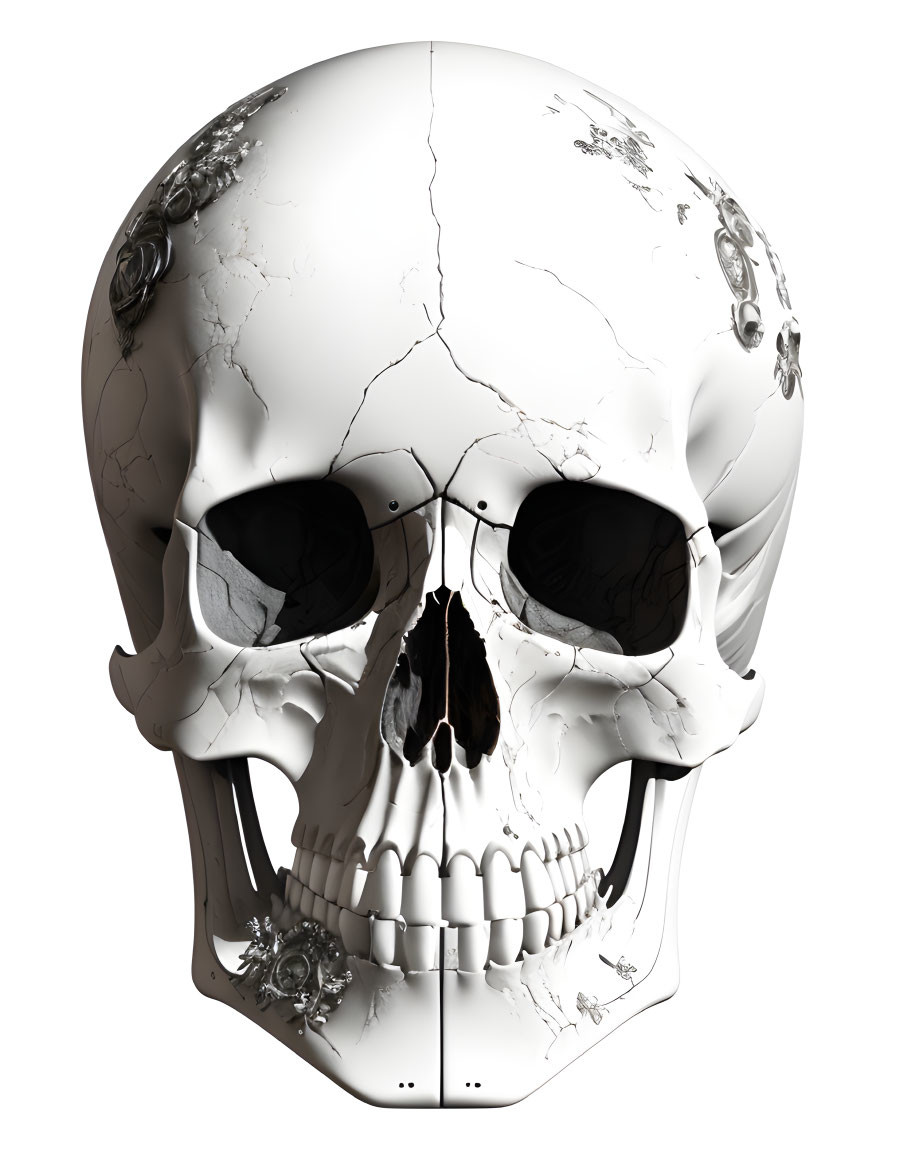 Detailed 3D Rendering: Human Skull with Cracks and Floral Patterns on White Background