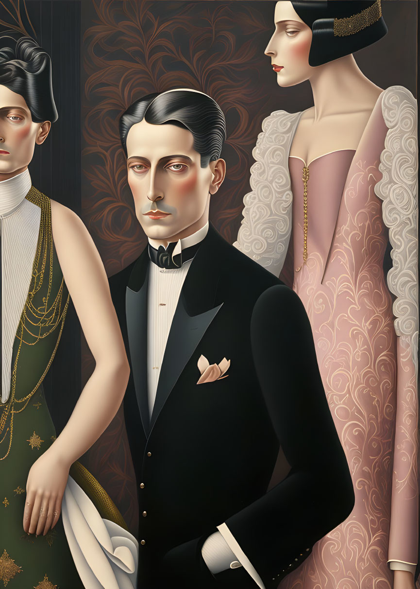 Vintage Fashion Portrait: Man in Tuxedo with Two Women in Elegant Dresses