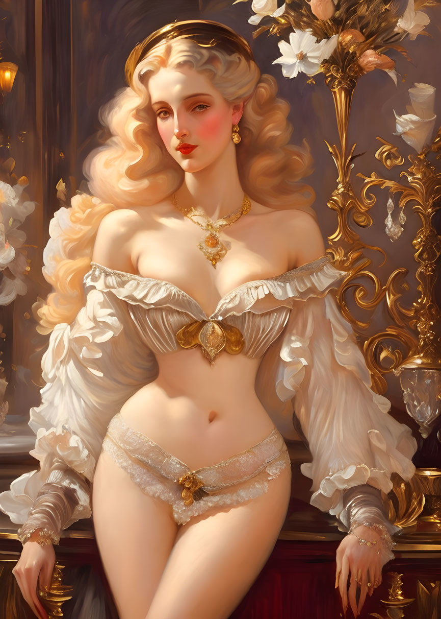 Elegant woman in vintage lingerie with ornate golden backdrop